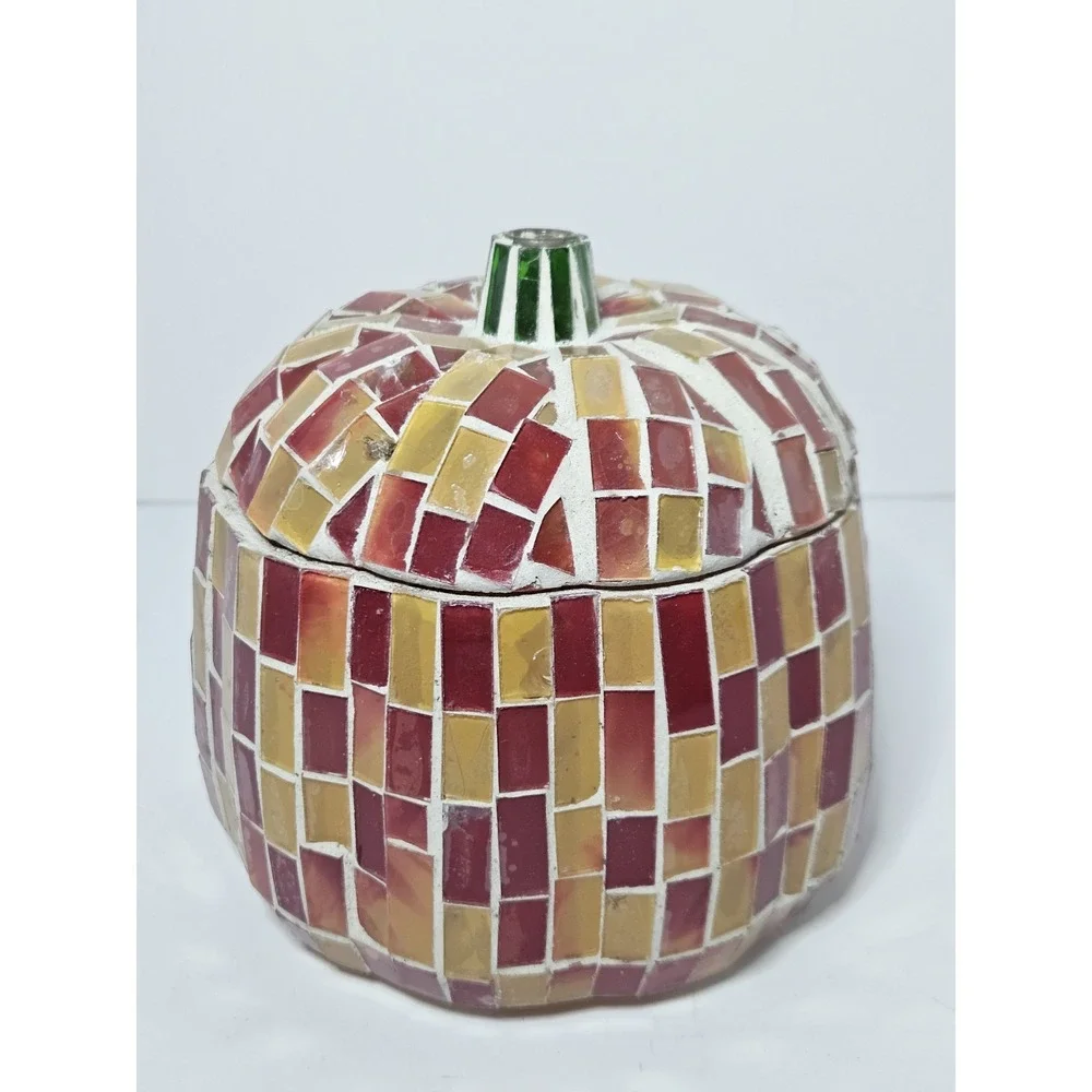 Handmade Mosaic Glass Pumpkin Trinket Box Candle Holder Fall Halloween Decor 5in